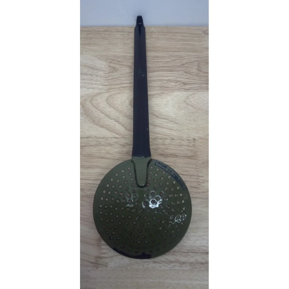 Vintage Hanging Enamelware Strainer Spoon Green & Black MCM Made in Poland #29‎